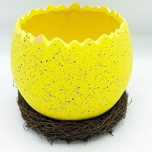 Yellow Cracked Egg Planter with Nest Base 5" H